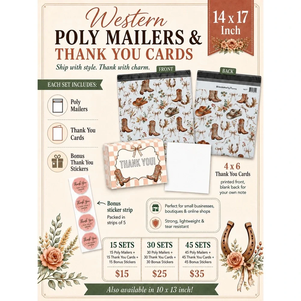 45pc Western Cowgirl Shipping Bundle 14x17 Poly Mailers Thank You Cards